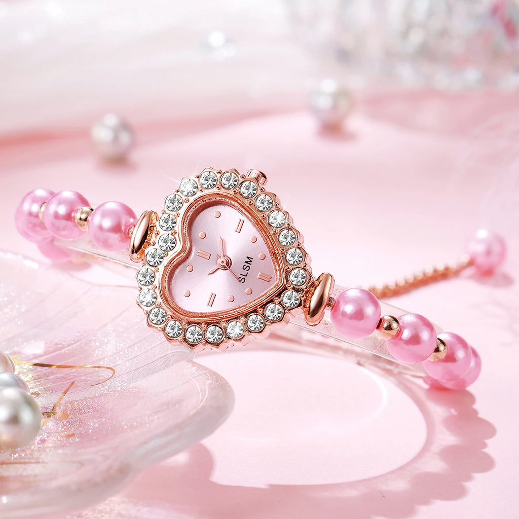 Fashion Heart Dial Women Watch Imitation Pearls Bracelet Quartz Wristwatches Reloj Mujer（Without Box）