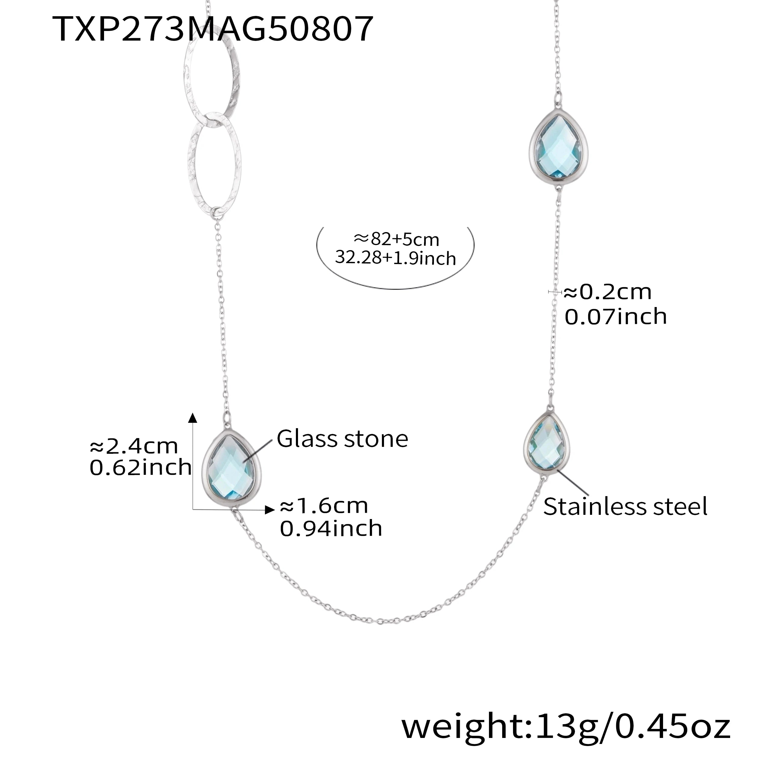 Colorful Glass Water Drop Pendant Necklace for Women's Waterproof Stainless Steel Gold-plated Chain 87cm Long Necklace Jewelry
