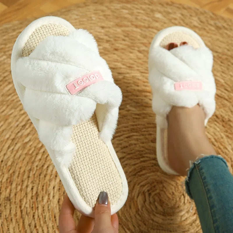 Women Soft Warm Slippers Adult Indoor Floor Breathable Plush Slides Four Season Females Cute Non-Slip Home Sandals Couples Shoes
