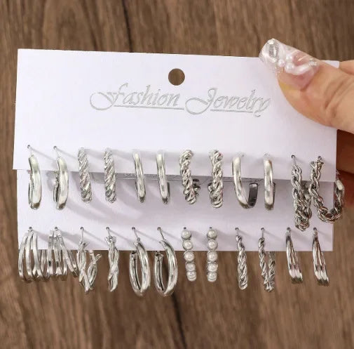 Boho Big Circle Hoop Earring Set for Women, Gold Color Bohemia Vintage Pearl Earring, Heart Zircon Ear Studs Jewelry Gifts