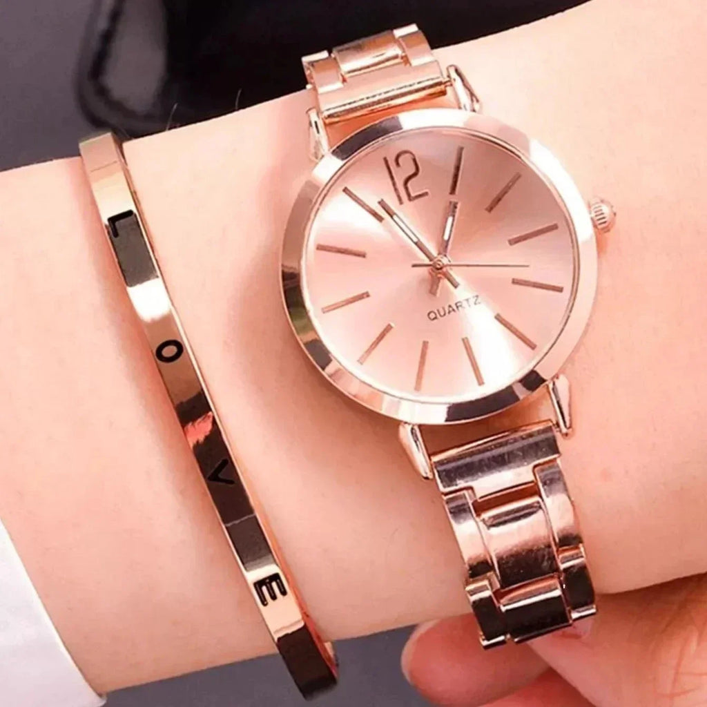 2pcs Set Luxury Watch for Women Simple Round Dial Stainless Fashion Gold Bracelet Quartz Wristwatch Ladies Watches Reloj Mujer