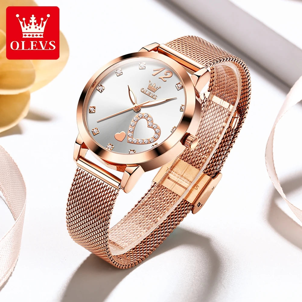 OLEVS 5189 Women's Watch Quartz Wristwatch Casual Fashion Watch for Ladies Waterproof Luminous Mesh Belt Love Dial Zircon Scale