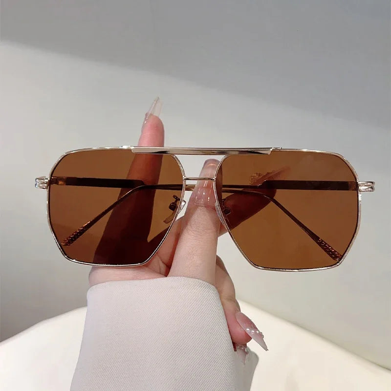 KAMMPT Vintage Oversize Sunglasses Men Fashion Double Bridge Outdoor Shades Trendy Brand Design Anti-UV Sun Glasses for Driving