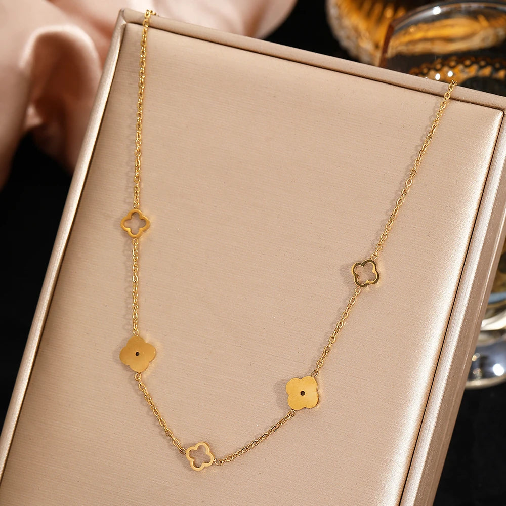 Stainless Steel Lucky Hollow Design Four-Leaf Clover Necklace Women's Simple Commuter Fashion Collarbone Chain Jewelry Gifts