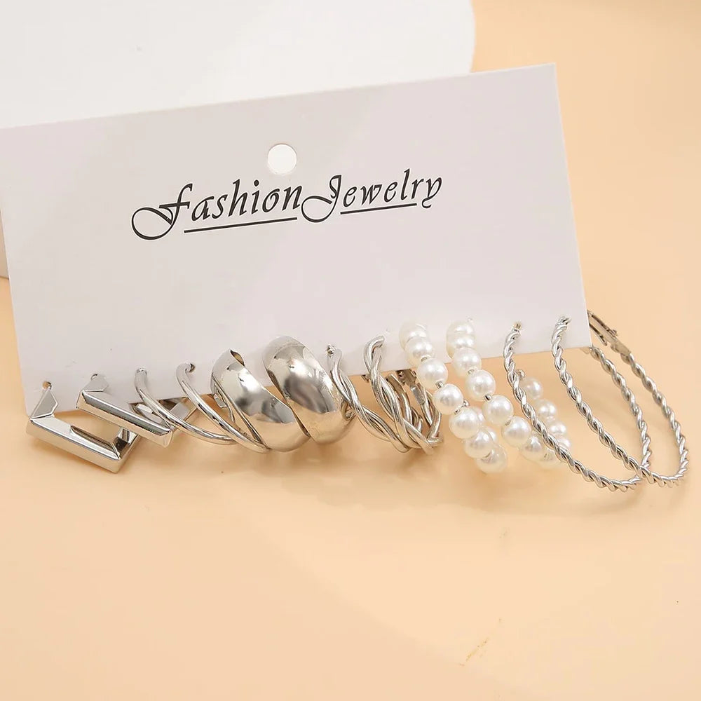 Boho Big Circle Hoop Earring Set for Women, Gold Color Bohemia Vintage Pearl Earring, Heart Zircon Ear Studs Jewelry Gifts