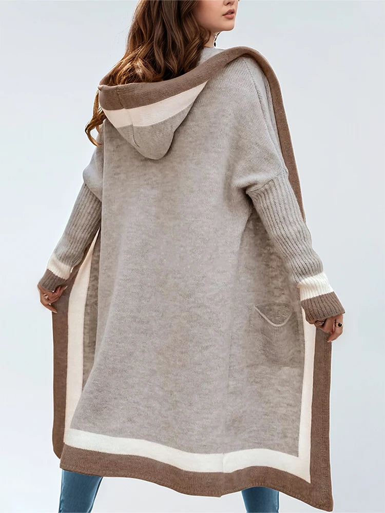 Women's Hooded Long Cardigan Autumn Winter 2024 Vertical Stripes Placket Design with Pockets Fashionable Outerwear