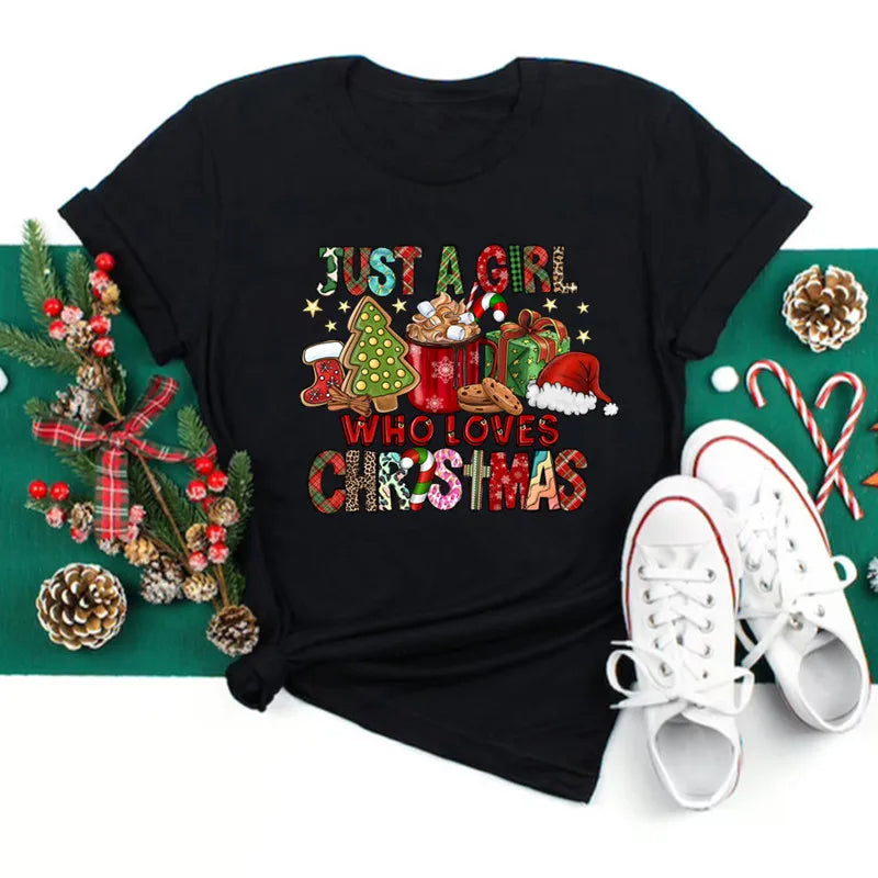 Funny Love Merry Christmas women's Clothes Santa Print Female T-shirts Black red white Casual Women Tops Xmas Party women's Tops