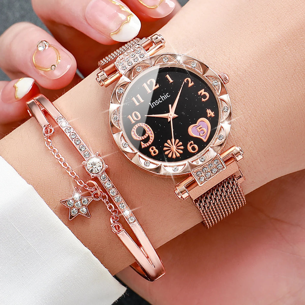 2PCS/Set Fashion Flower Dial Women's Watch Magnet Buckle Mesh Band Quartz Watches Star Bracelet Set(Without Box)