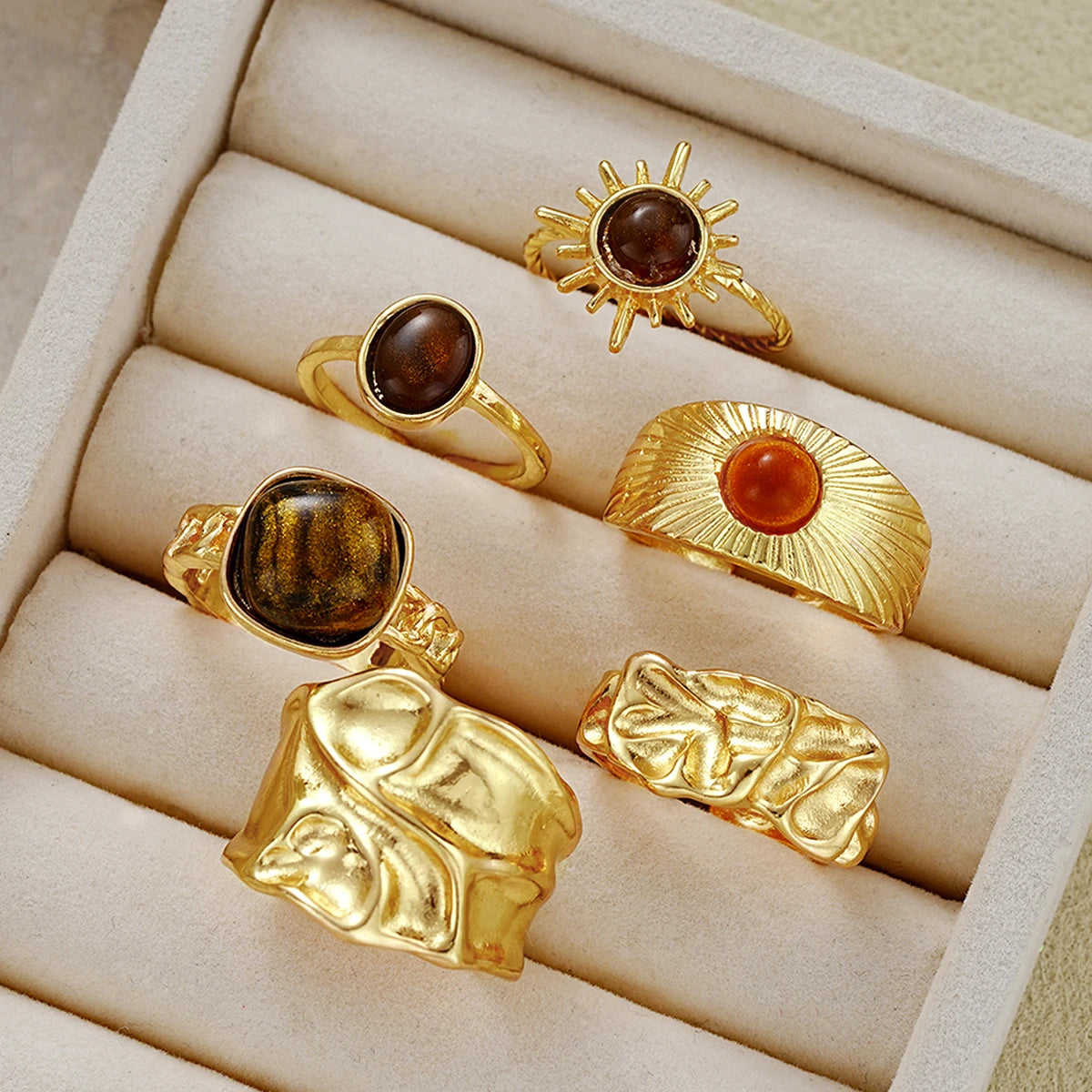 6Pcs/Set Vintage Sun Flower Tiger Eye Stone Rings for Women Irregular Gold Color Aesthetic Open Rings Fashion Jewelry Gifts 2025