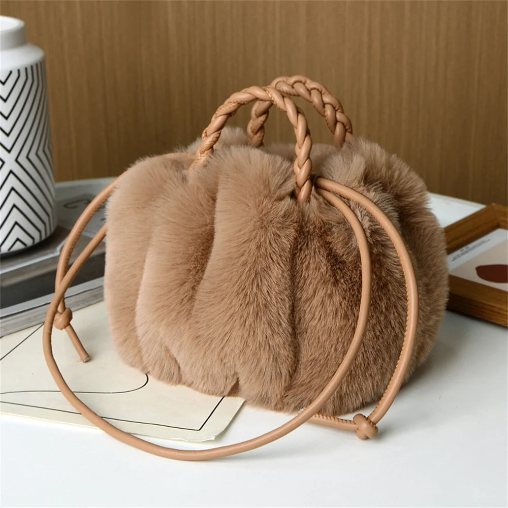 Autumn Winter Fashion Cute Tote Bags Women's Crossbody Pumpkin Plush Bag Solid Color Handbag Travel Shoulder Bags