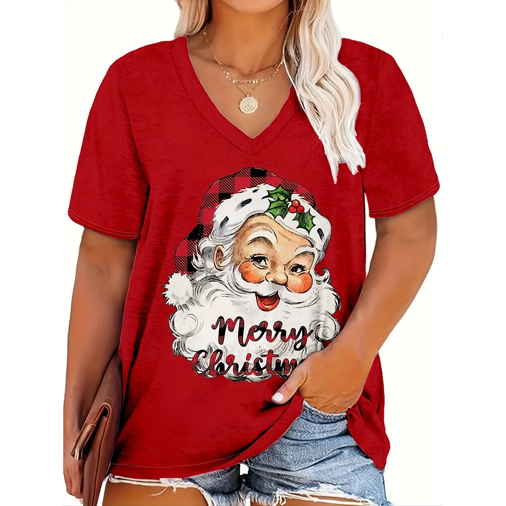Christmas womens cartoon Santa Claus printed tops Christmas T-shirt short sleeved V-neck casual party outfit oversized women top