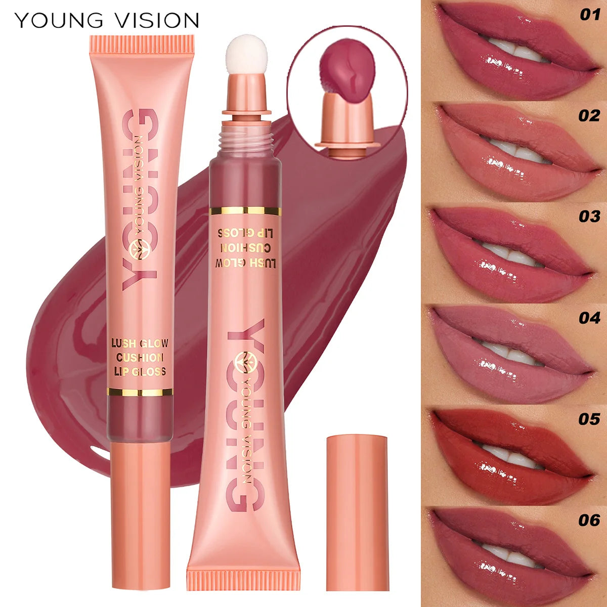 YOUNG VISION  6 color Liquid Water Brightening Lip Color Plush Brush Head Squeezing Lip Color Moisturizing  Lip Glaze