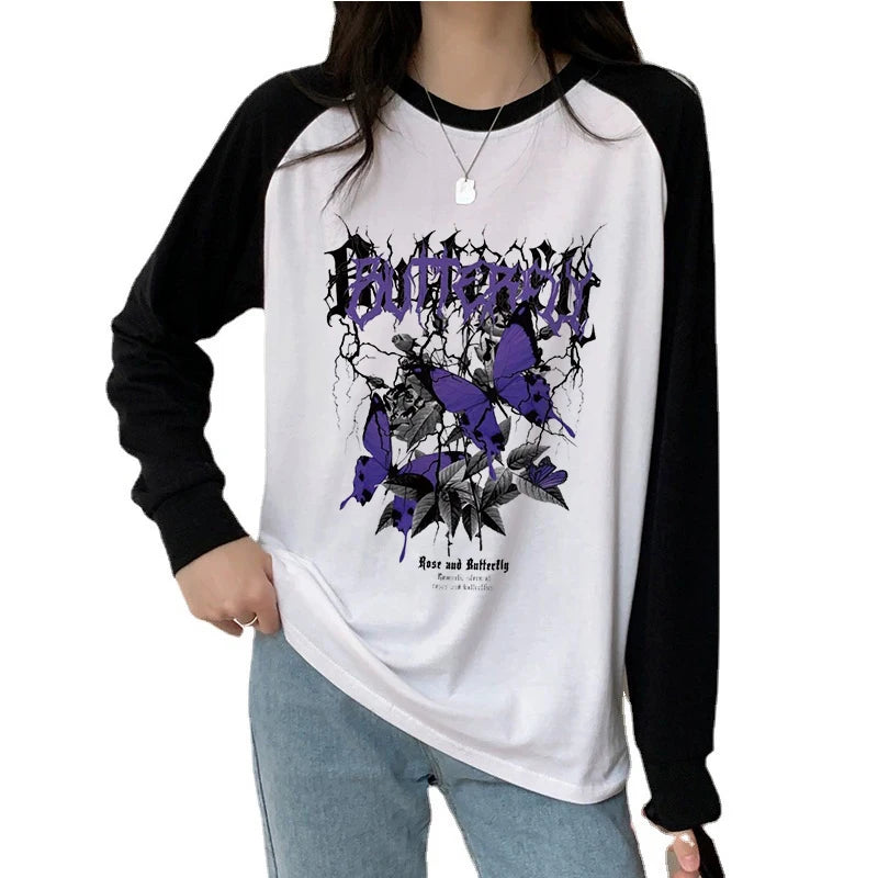Butterfly Tree Print Long Sleeve T-Shirt All Seasons Funny Gothic T Shirt Women's Casual Print Crew Neck Top Tee Tshirt Clothing