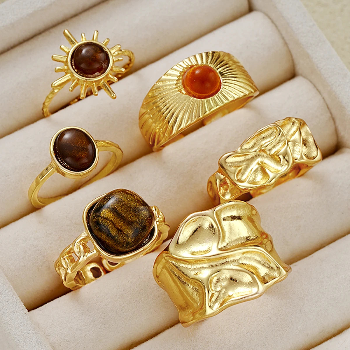 6Pcs/Set Vintage Sun Flower Tiger Eye Stone Rings for Women Irregular Gold Color Aesthetic Open Rings Fashion Jewelry Gifts 2025