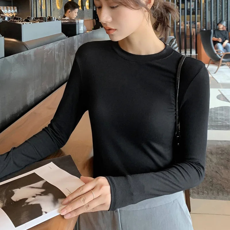 2025 New Modal Women's T-Shirt Crew Neck Versatile Brand Bottom Shirt Long Sleeve Woman Inner T Shirt Women Tops Tees For Female