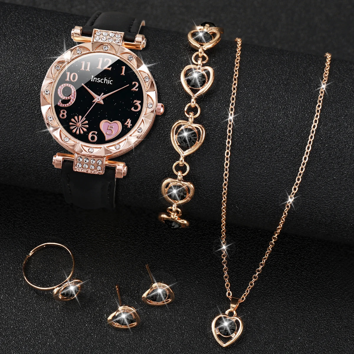 6PCS Women's Watch Fashion Heart Dial Leather Band Quartz Watches Rhinestone Jewelry Set（Without Box）