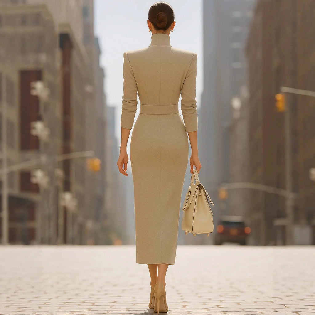 Office Lady Slim Maxi Dress Women 2025 Autumn Winter Fashion Long Sleeve V-neck Bodycon Dresses Elegant Vestidos