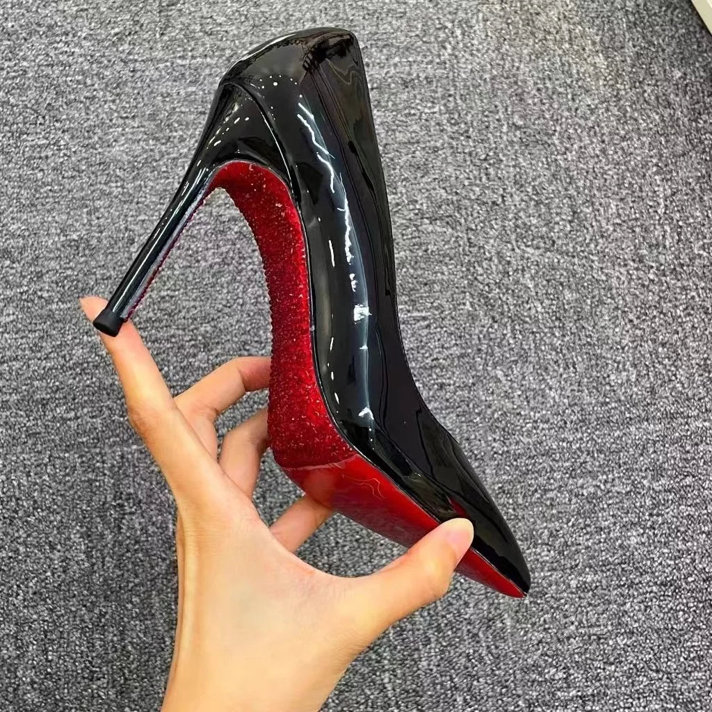 High Heels Women's Slim Heels New Stunning and Sexy Wedding Shoes Black Patent Pointed Single Shoes High Heels