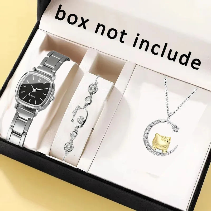 3 pieces/set Women Couple Wristwatch Female Student Small Square Quartz Watch Hello Kitty necklace bracelet quartz watch Gift