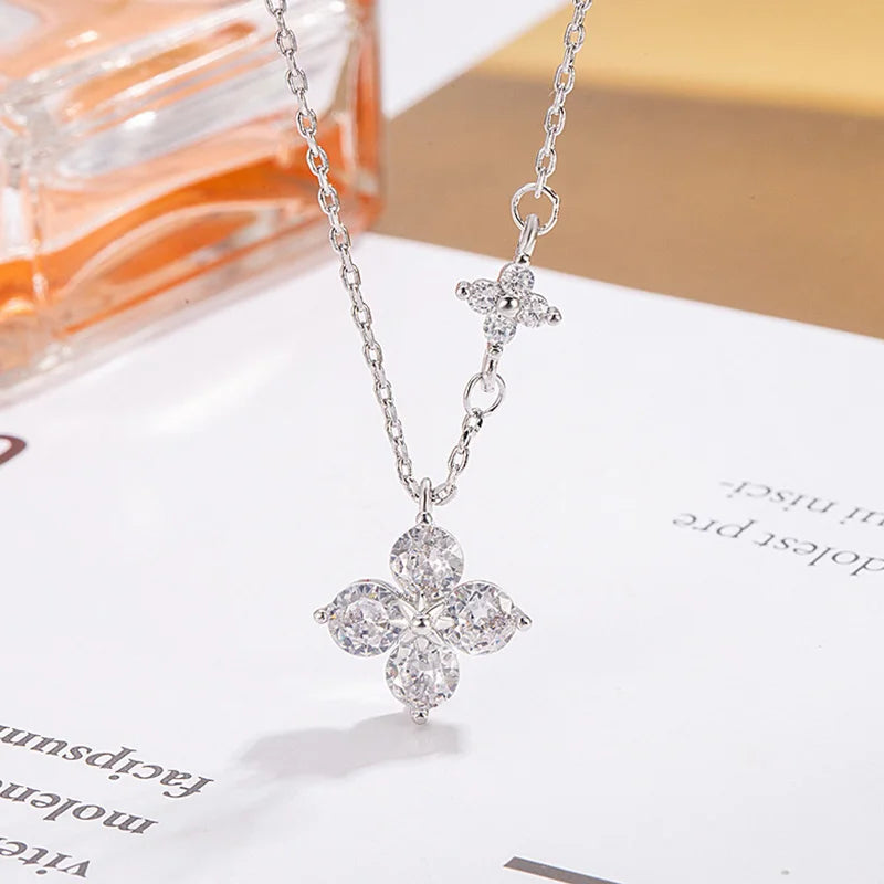 925 Sterling Silver Dainty Lucky CZ Leaf Necklace for Women 14k Gold Plated Flowers Elegant Pendant Necklace Wedding Jewelry