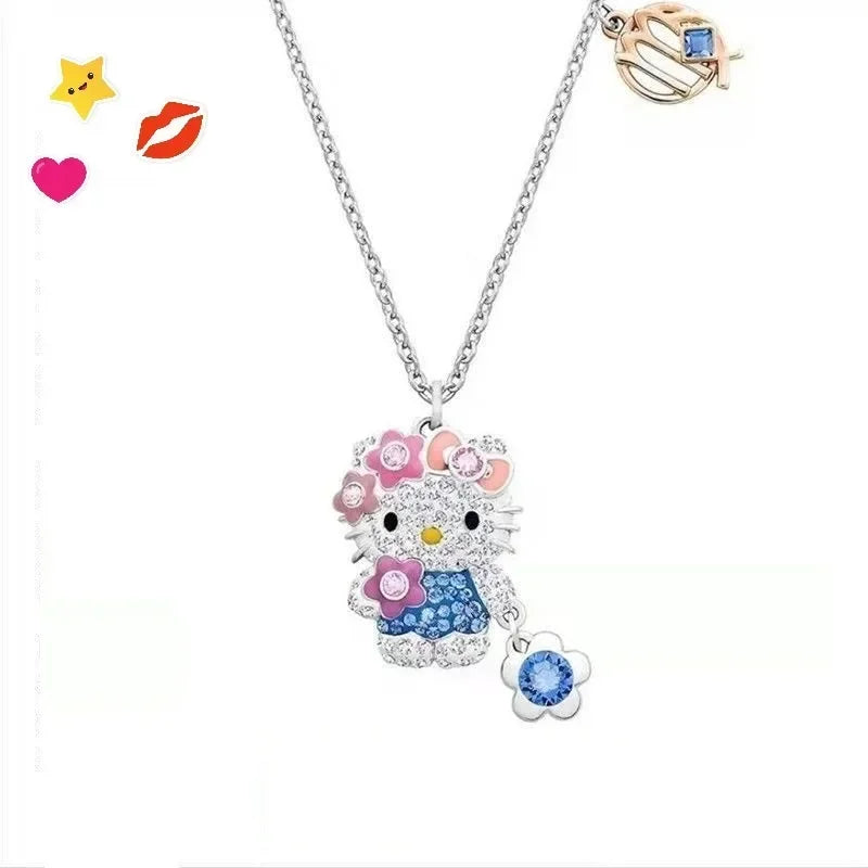Sanrio Hello Kitty Necklace Anime Character Pink Peach Heart Crystal Cat Push-Pull Bracelet Pendant Couple Decoration Girl Gift