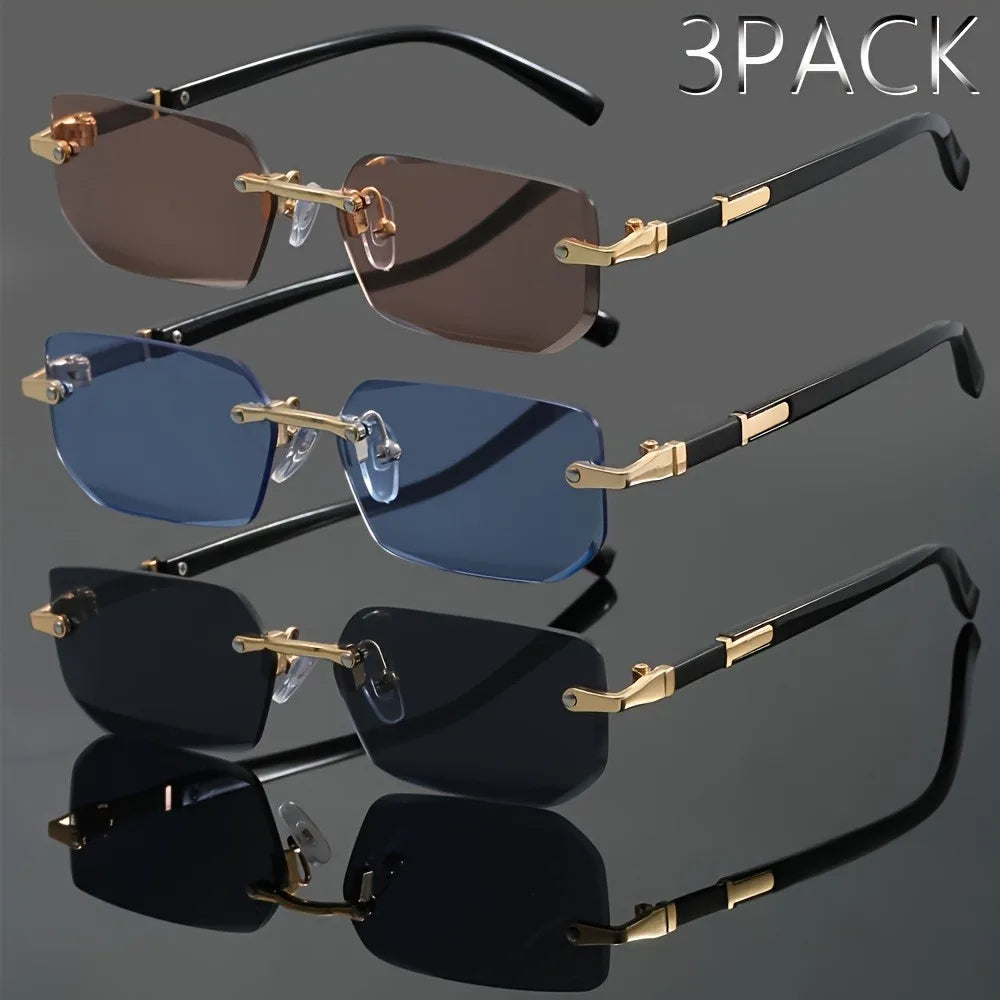 3pcs of men's frameless rectangular fashionable glasses - durable PC lenses suitable for commuting and casual wear
