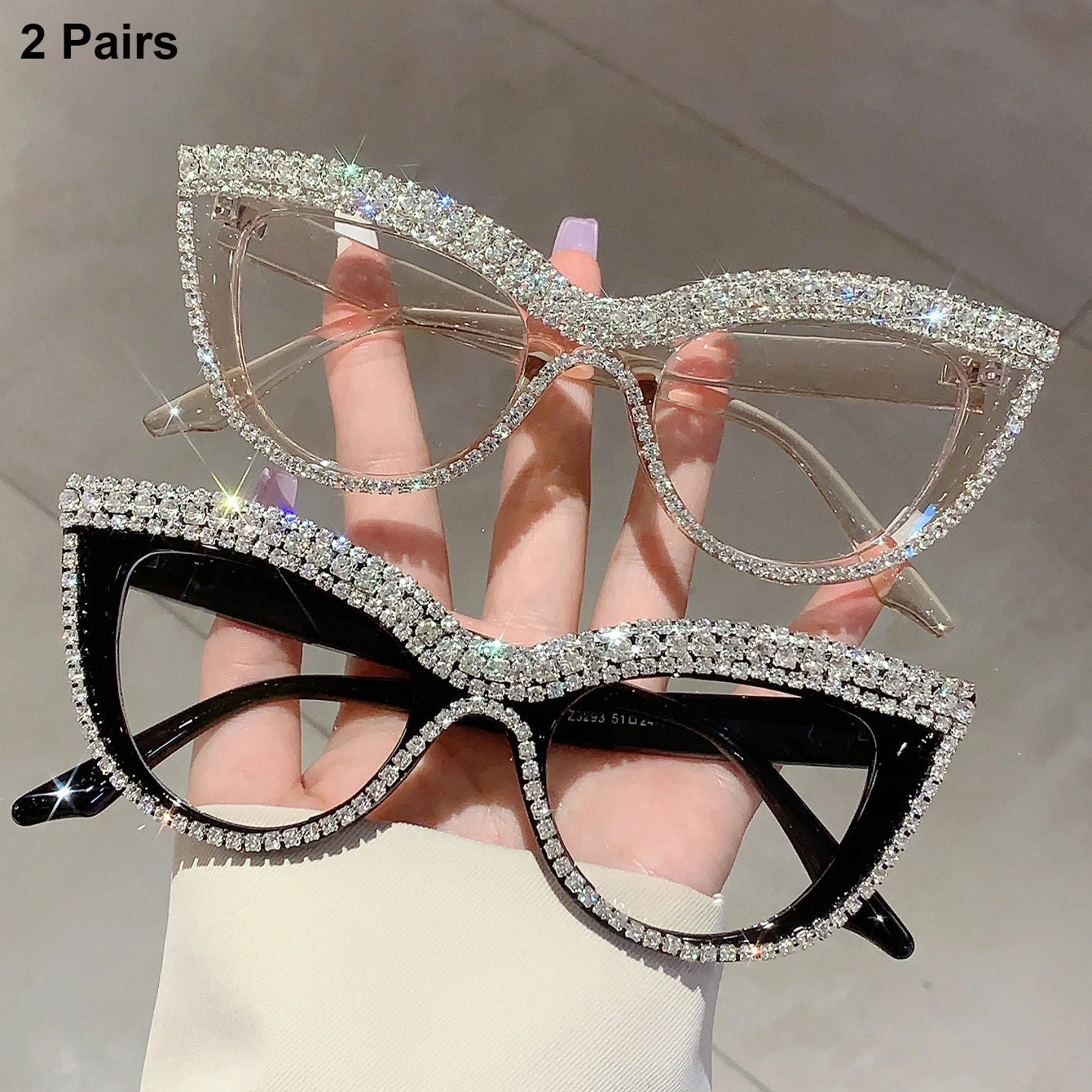 2 Pairs Per Set Cat Eye Glasses with Rhinestones Women Fashion Brand Design Optical Frames Trendy Chic Casual Decor Eyeglasses