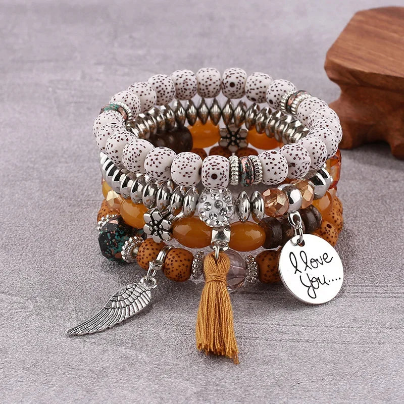 4Pcs Bohemian Beaded Bracelet Set For Women I Love You Letter Round Wing Tassel Charm Elastic Chain Bangle Girls Boho Jewelry
