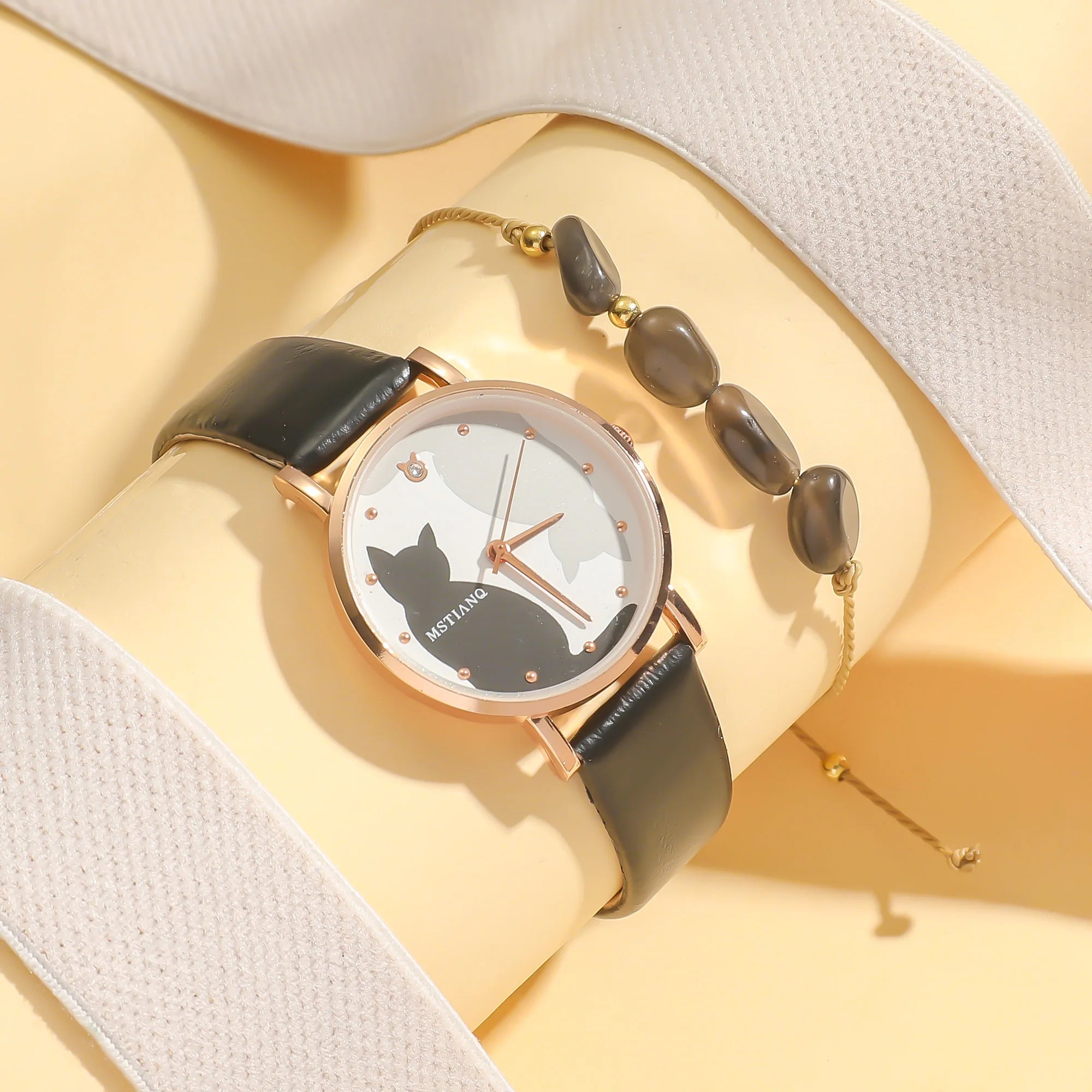 No gift box, popular elegant temperament women's fashion cat watch wristwatch   jade stone bracelet 2-piece set