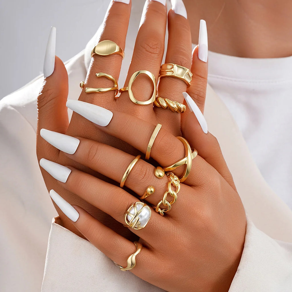 12 Pcs/Set Fashion Gold Color Irregular Geometric Open Rings For Women Men Punk Metal Adjustable Knuckle Joint Ring Jewelry Gift