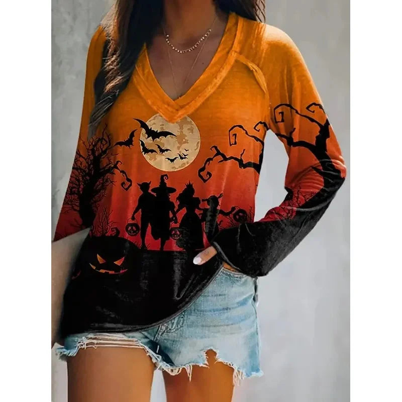 2025 Halloween Women's T-Shirts Graphic Witch Elegant Vintage Tees Long Sleeve T-shirts V-Neck Regular Tops Casual Pullover