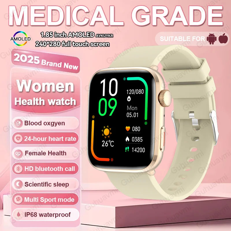 1.85-inch AMOLED Screen Smart Watch Women Bluetooth Call NFC Heart Rate Blood Pressure SP02 Lady Smartwatch For Xiaomi 2025 New