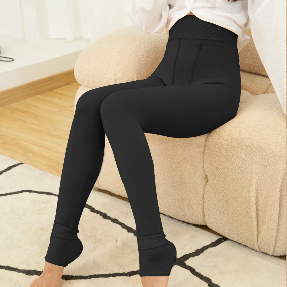 Women Winter Warm Leggings Solid Color Velvet Tight High Waist Slim Stretchy Leggings