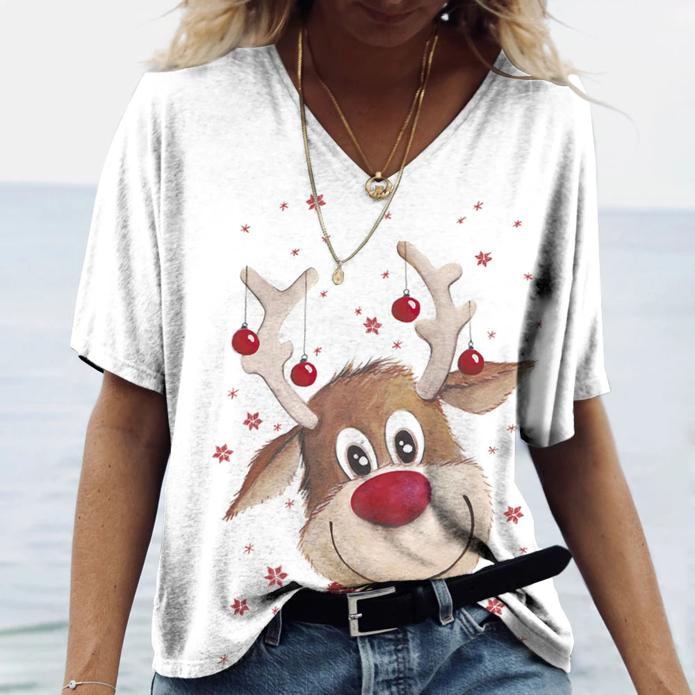 Merry Christmas Women's Short sleeved V-neck T-shirt Christmas Tree Santa Claus Letter Print Simple Trendy Trend Women Clothing