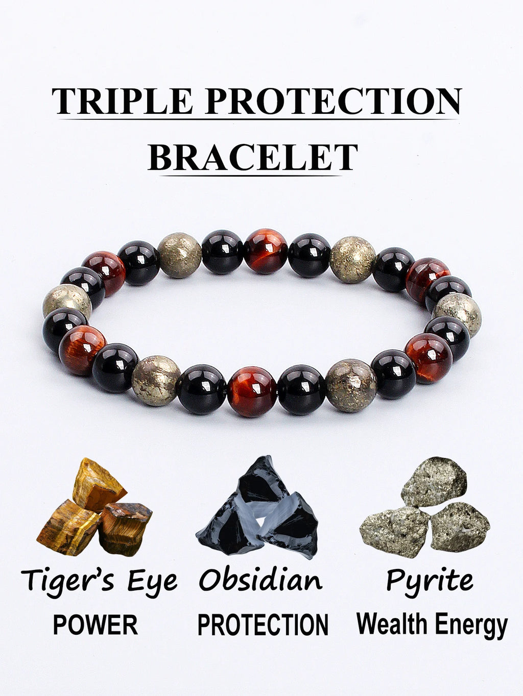 Triple Power Beaded Bracelet Tiger's Eye for Courage Obsidian Grounding & Pyrite for Wealth Natural Stones Healthy Care Jewelry