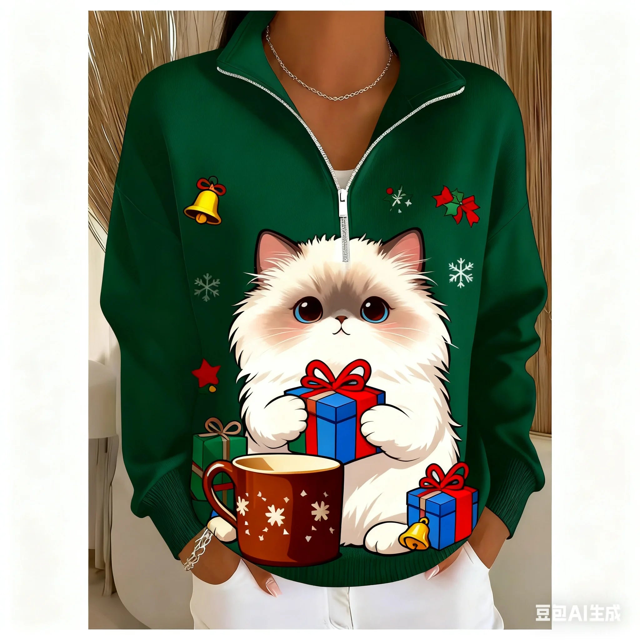 Christmas Women's Sweatshirt pet pattern printed Zipper pullover sweater autumn and winter Women's clothing polyester sweatshirt