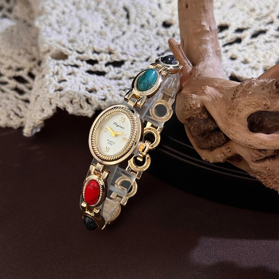 Colorful Turquoise Ladies Wristwatch Bracelet New Popular Luxury Vintage Stone Embedded Elegance Quartz Watch for Women