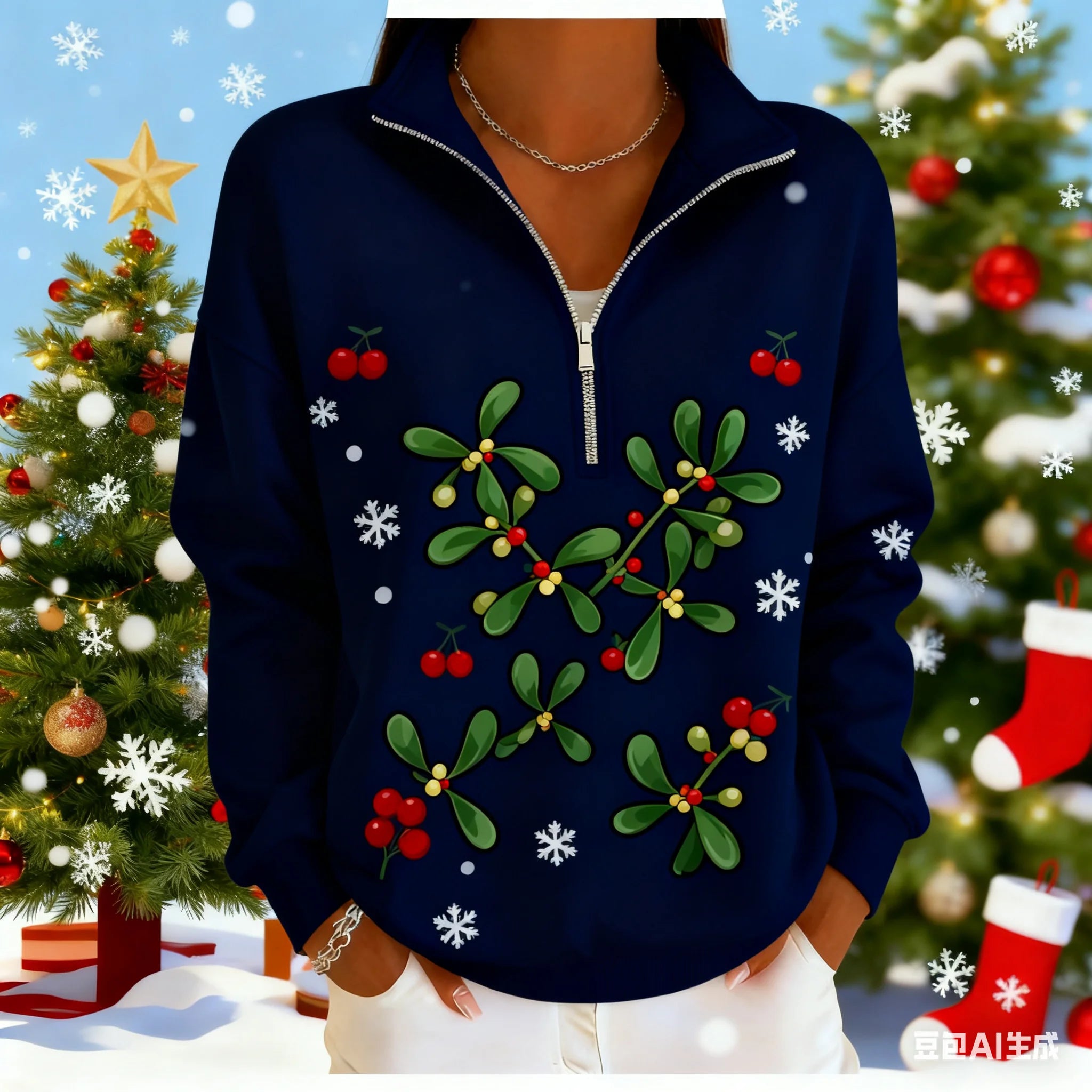 Christmas Women's Sweatshirt pet pattern printed Zipper pullover sweater autumn and winter Women's clothing polyester sweatshirt