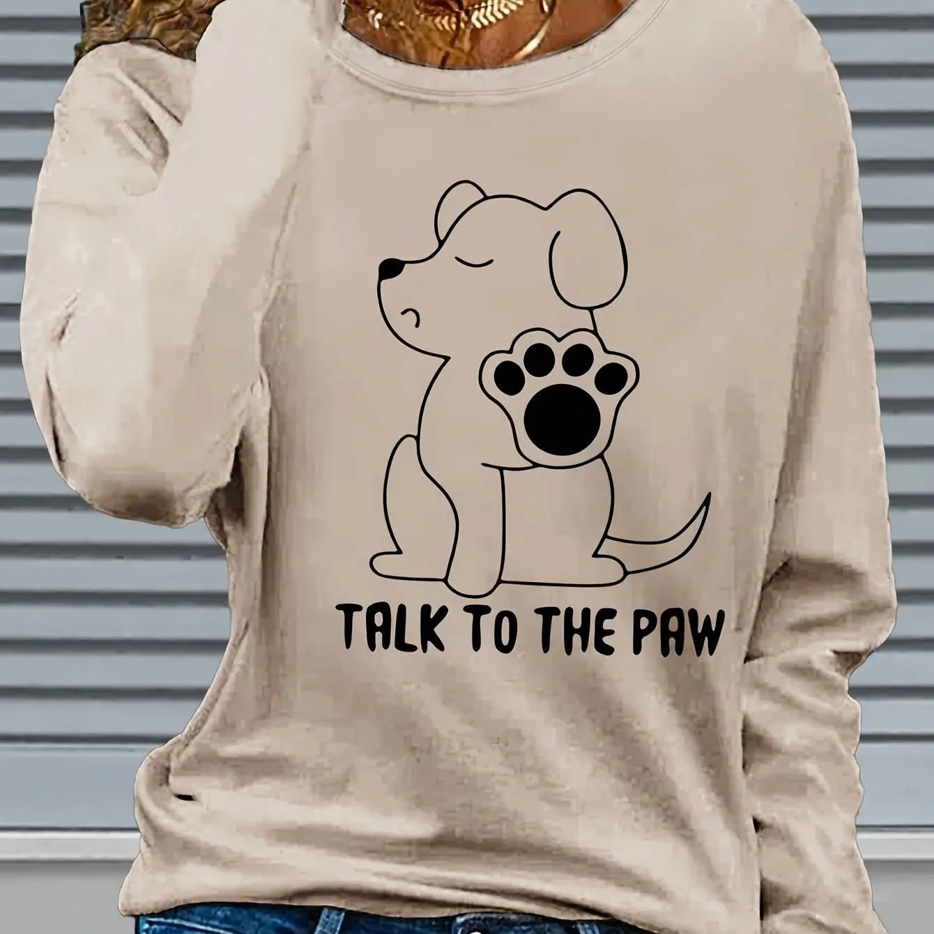 Women's Spring and Autumn 100% Cotton Fashion Casual Loose Fun Dog Pattern Printed Round Neck Long Sleeve T-shirt Top