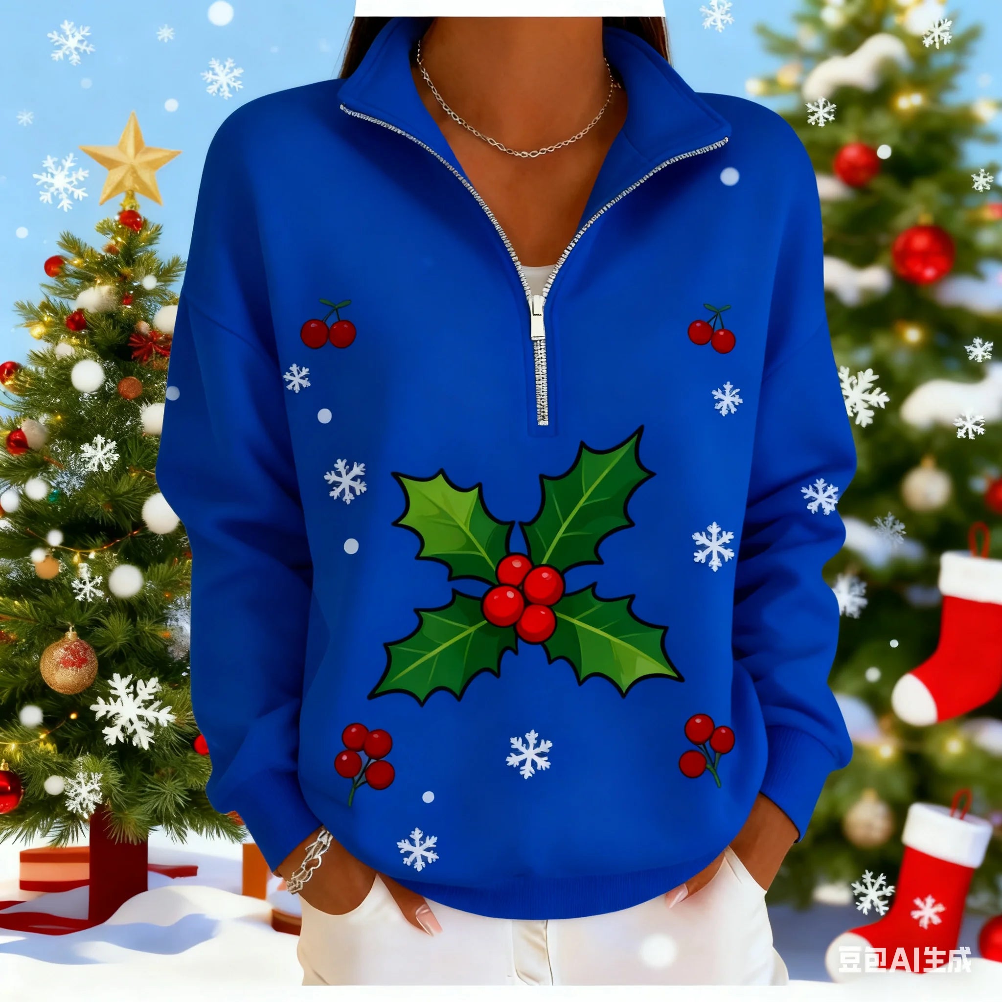 Christmas Women's Sweatshirt pet pattern printed Zipper pullover sweater autumn and winter Women's clothing polyester sweatshirt