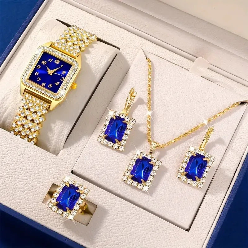 5Pcs/Fashion Roman Full Diamond Square Ladies Watch Women's Quartz Watch + Necklace, Earrings, Rings Jewelry Set