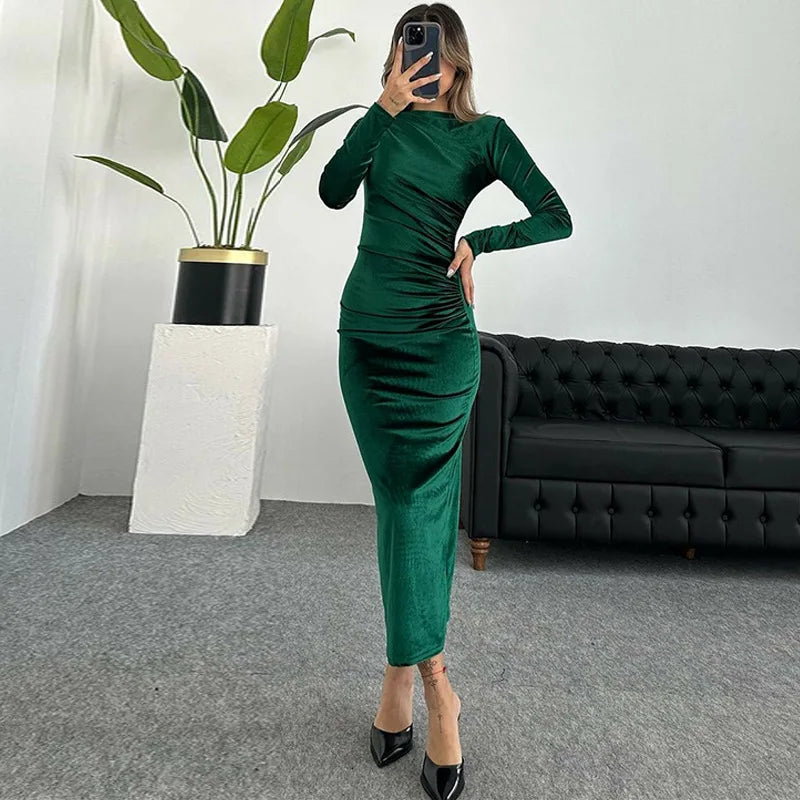 Dresses for Women New Long Sleeve O-Neck Women Dress Black Folds Package Hip Velvet Dress Women Vestidos De Verano Mujer Q890