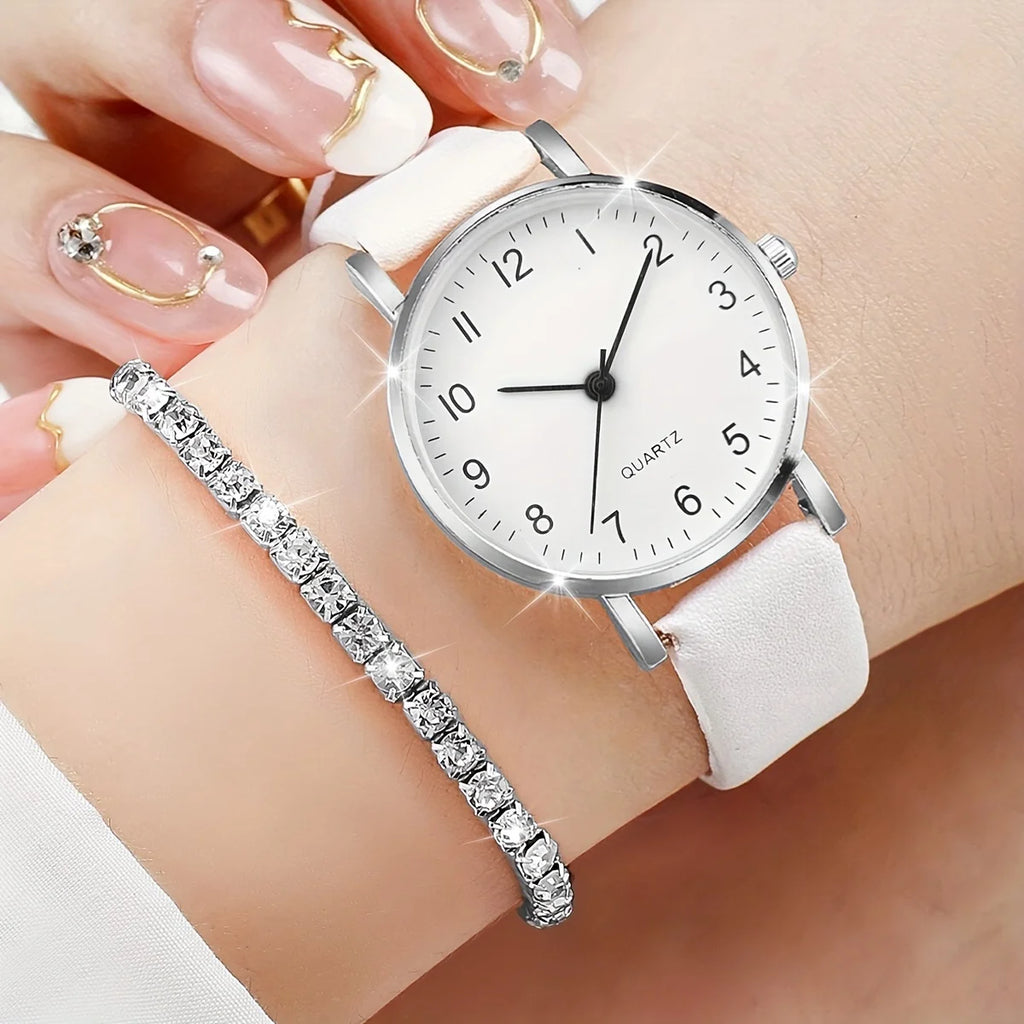 5/6PCS Fashion Women's Quartz Watch Leather Band Analog Quartz Watches with Diamond Jewelry (Without Box)