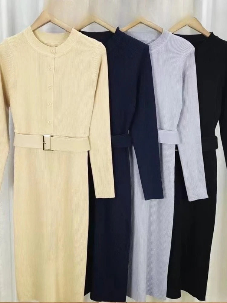 New Spring Autumn Knit Elegant Sexy Single Breasted Stand Collar Long Sleeve Bodycon Dress Solid Color Stretch Tight Slim Dresss