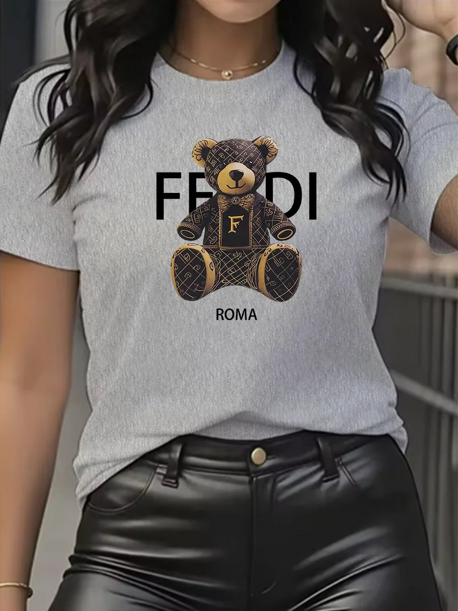 summer Graphic T-Shirt Short Sleeve Crew Neck with Soft Comfortable Spring Women's Light Blue Casual Teddy Bear
