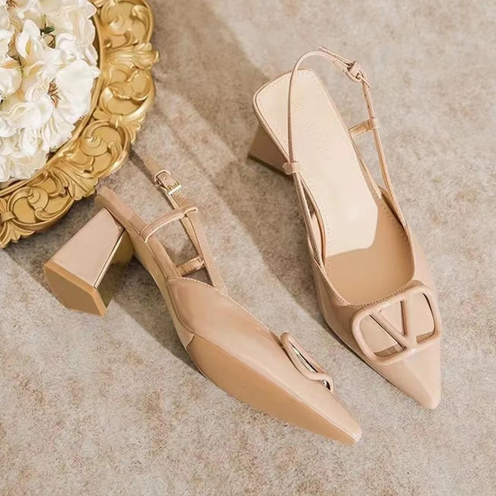 Fashion Solid Thin Heels Sandals for Women New Hot Sale Summer Casual Med Heel Ladies Shoes One-line Buckle Women's Sandals