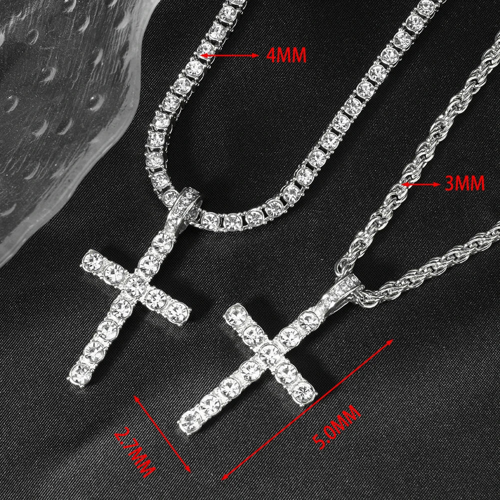 Hip Hop Iced Out Cross Pendant Necklace Strap 4mm Zircon Tennis Chain Men Women Sparkling Necklace Punk Jewelry Fashion Gift