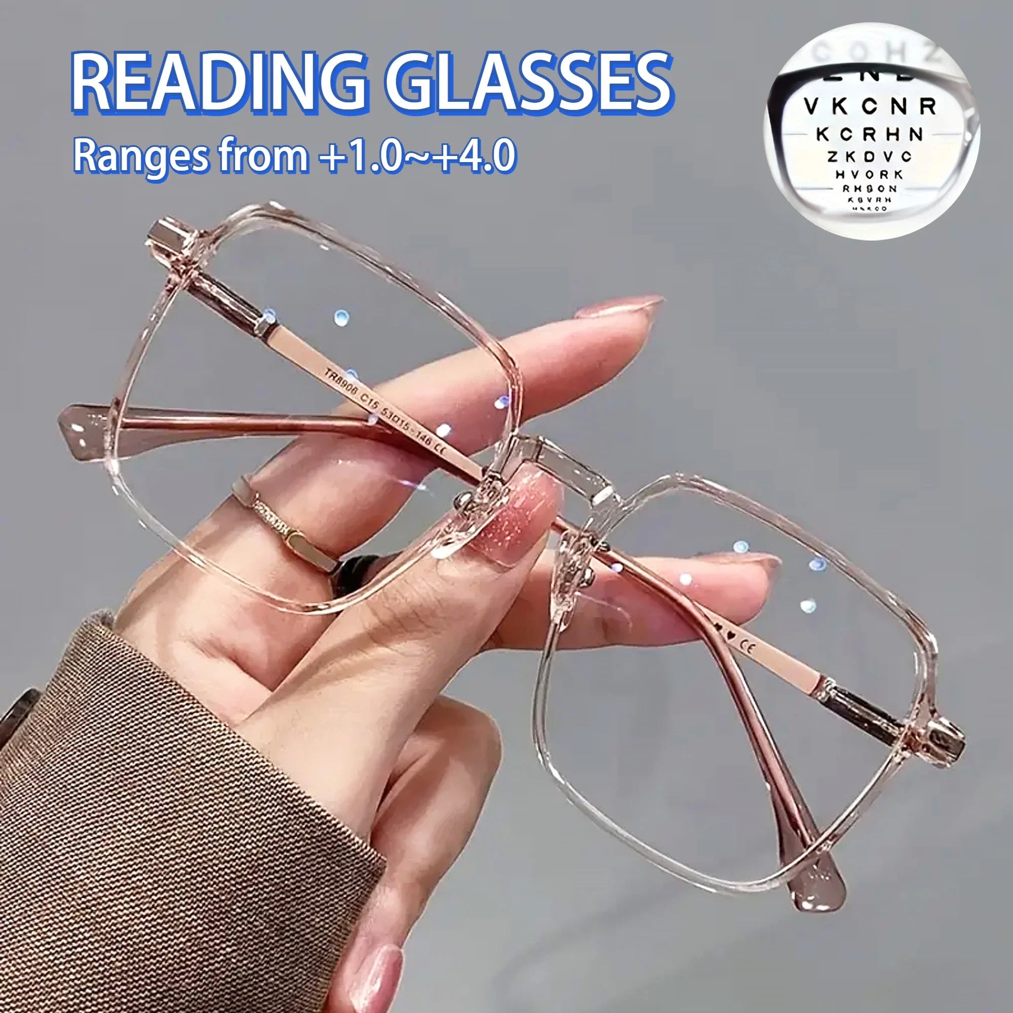 Large Square Reading Glasses with Glitter, Fashionable Reading Glasses, Reading Glasses for Women and Men  +1.0 To +4.0