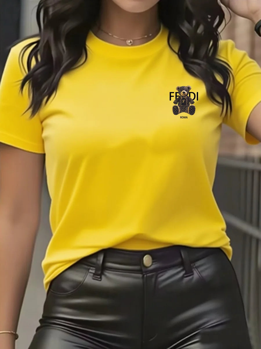 summer Graphic T-Shirt Short Sleeve Crew Neck with Soft Comfortable Spring Women's Light Blue Casual Teddy Bear