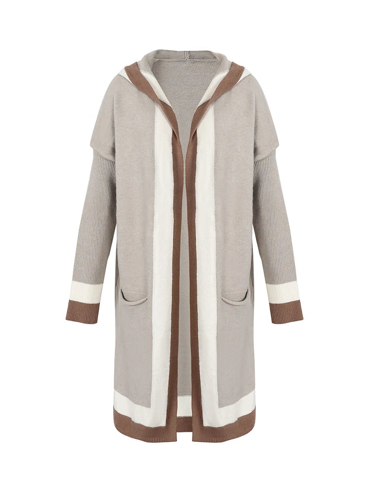 Women's Hooded Long Cardigan Autumn Winter 2024 Vertical Stripes Placket Design with Pockets Fashionable Outerwear